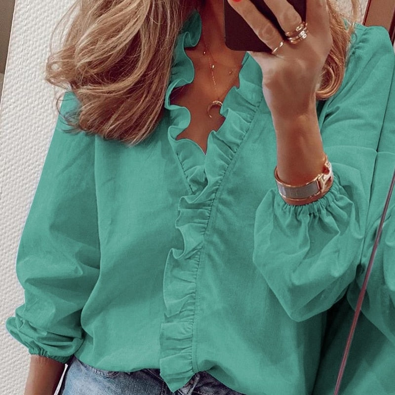 Elegant White Ruffle Blouse Shirts Women Autumn Spring Long Sleeve V-Neck Pullover Tops Office Lady Casual Plain Plus Size blusa