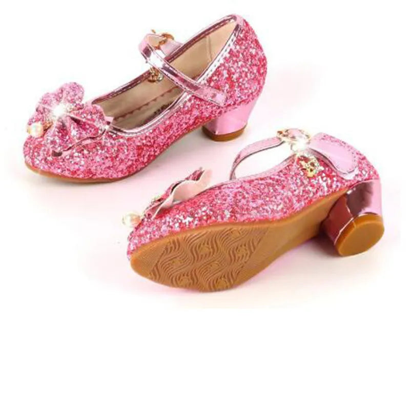 Princess Butterfly Leather Shoes Kids Diamond Bowknot High Heel Children Girl Dance Glitter Shoes Fashion Girls Party Dance Shoe