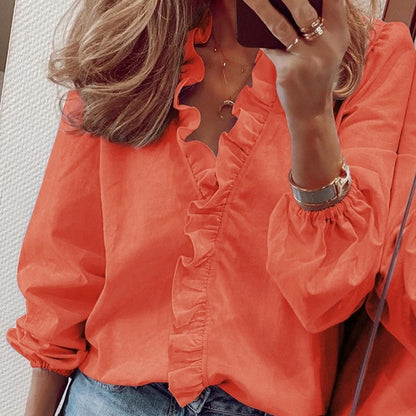 Elegant White Ruffle Blouse Shirts Women Autumn Spring Long Sleeve V-Neck Pullover Tops Office Lady Casual Plain Plus Size blusa