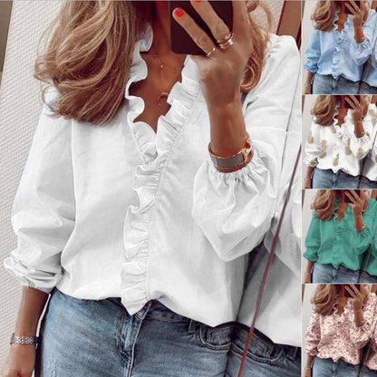 Elegant White Ruffle Blouse Shirts Women Autumn Spring Long Sleeve V-Neck Pullover Tops Office Lady Casual Plain Plus Size blusa