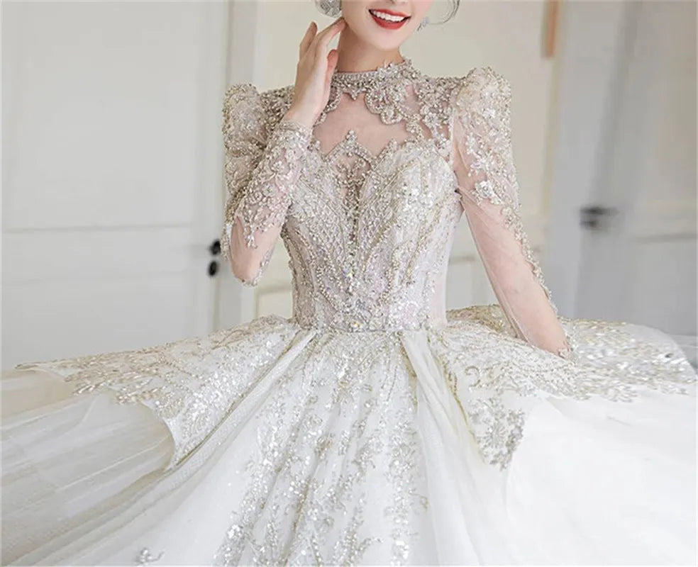 High Neck Full Sleeves Designer Wedding Dress with Sequins and Pearls