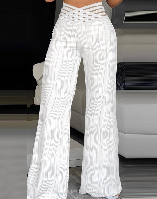 Elegant High Waist Flared Pants for Women Overlap Waisted Textured Criss Cross Sheer Mesh Design Female Summer Work Trousers