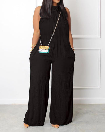 Women's Jumpsuit Sleeveless Pocket Detail Casual Stand Collar Plain Wide Leg Daily Long Jumpsuit 2022 Summer Latest Fashion
