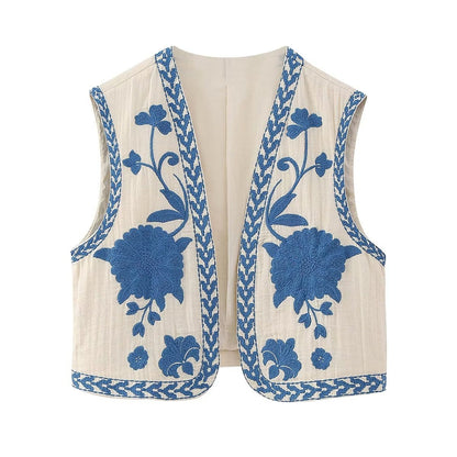 Zevity Women National Sleeveless Position Floral Embroidery Short Vest Jacket Ladies National Style Casual WaistCoat Tops CT4110