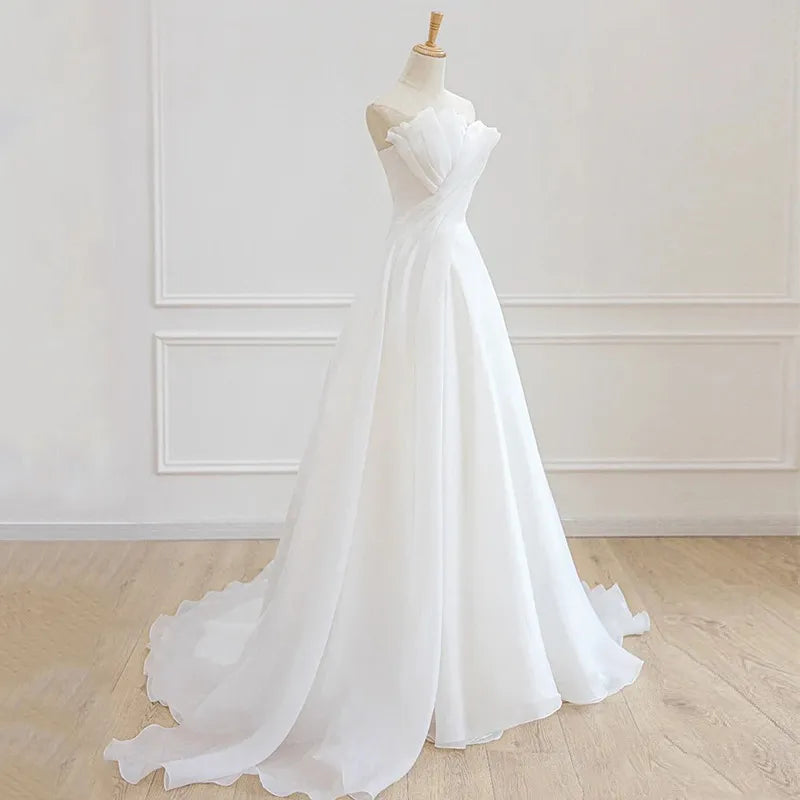 Luxury White Satin Chiffon Strapless Wedding Trailing Dresses for Bride 2022 Elegant Long Prom Evening Guest Party Women Dress