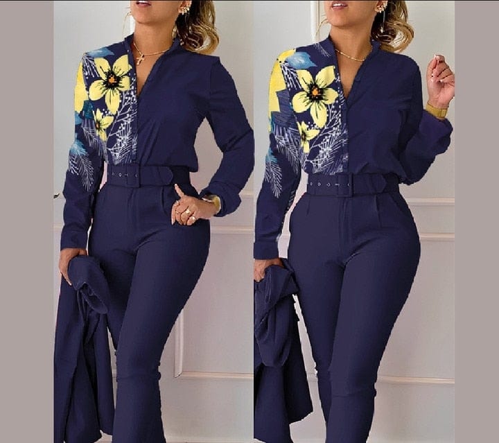 Women Shirt Pants Set Elegant Fashion V Neck Floral Print Long Sleeve High Waist Two Piece Set Office Lady Casual Trousers Suits