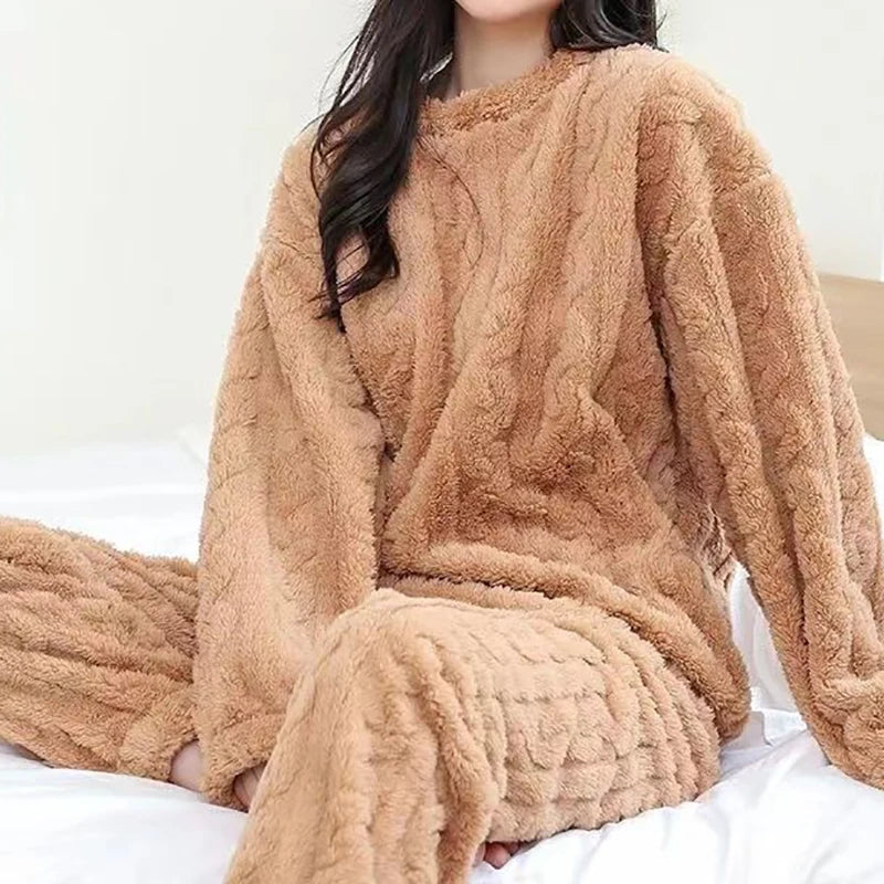 Autumn Women Solid Warm 2 Piece Sets Thicken Velvet Ribbed Fleece Set Pullover And Pants Women Casual Pajama Sets 2024