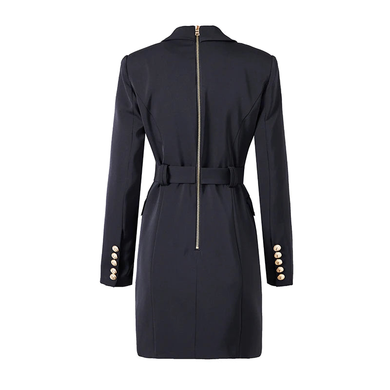 Women’s Full Sleeve Double Breasted Blazer Dress with Belt and Luxury Buttons