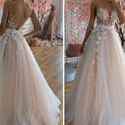 Sexy Illusion Tulle Lace Appliques Wedding Dress 2023 Sweep Pink A line Sweetheart Off the Shoulder Bridal Backless vestidos