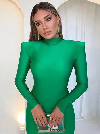 Full Sleeve High Neck Solid Bodycon Dress with Shoulder Pads