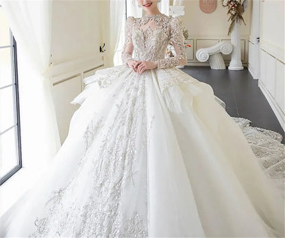 High Neck Full Sleeves Designer Wedding Dress with Sequins and Pearls