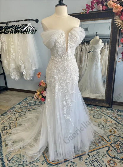 Women’s Off-Shoulder Deep Neck Wedding Dress with Floral Threadwork
