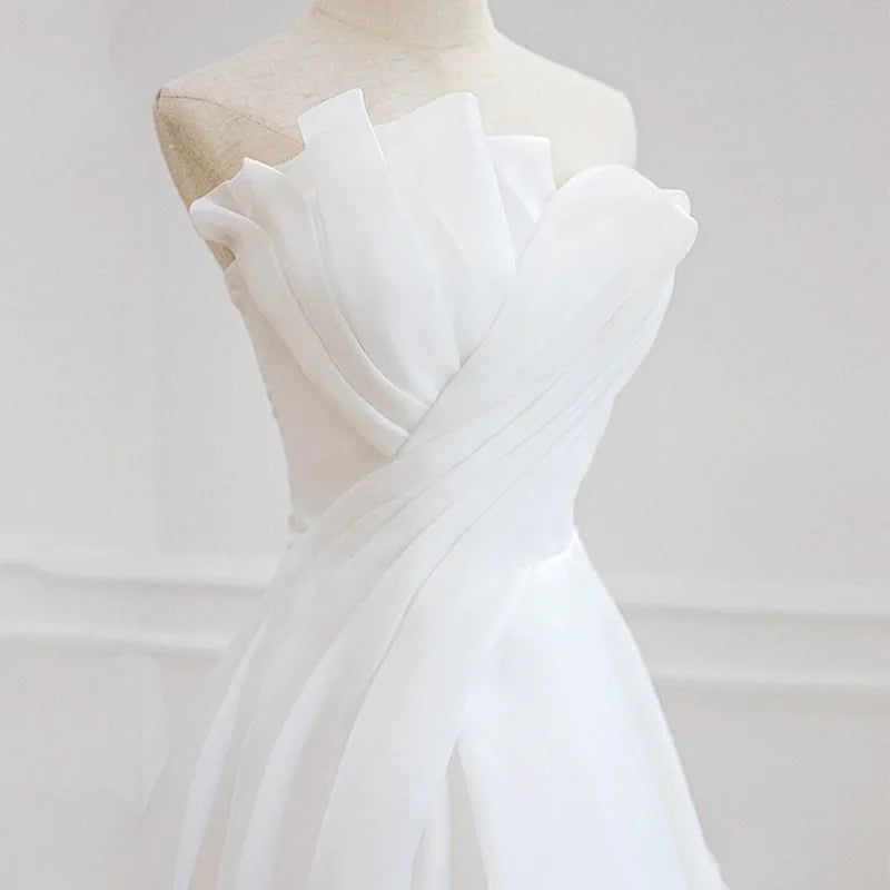 Luxury White Satin Chiffon Strapless Wedding Trailing Dresses for Bride 2022 Elegant Long Prom Evening Guest Party Women Dress