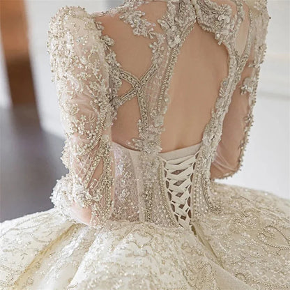 High Neck Full Sleeves Designer Wedding Dress with Sequins and Pearls