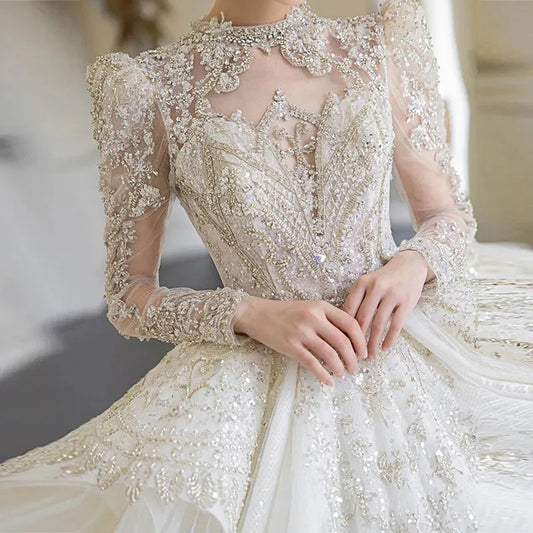 High Neck Full Sleeves Designer Wedding Dress with Sequins and Pearls