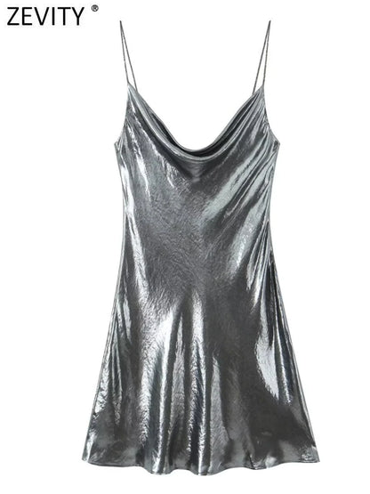 Women's Metallic Party A-Line Dress with Straps