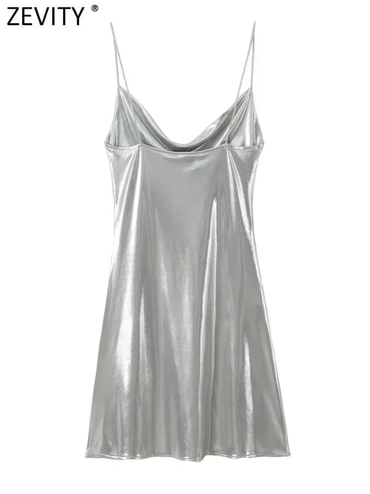 Women's Metallic Party A-Line Dress with Straps