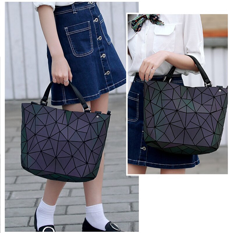 Luminous Bag Women's Geometry Lattic Totes  Quilted Shoulder Bags Hologram Laser Plain Folding Handbags