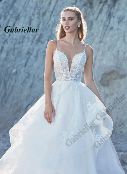 Women’s Deep V Neck Ruffle Wedding Gown with Court Train