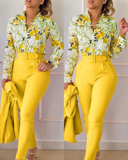 Women Shirt Pants Set Elegant Fashion V Neck Floral Print Long Sleeve High Waist Two Piece Set Office Lady Casual Trousers Suits