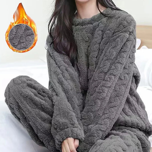 Autumn Women Solid Warm 2 Piece Sets Thicken Velvet Ribbed Fleece Set Pullover And Pants Women Casual Pajama Sets 2024
