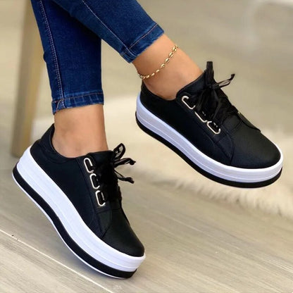 Women Shiny Pu Leather Thick Bottom Sneakers Woman Plus Size 43 Lace Up Platform Shoes Women Gold Silver Flats Zapatos De Mujer