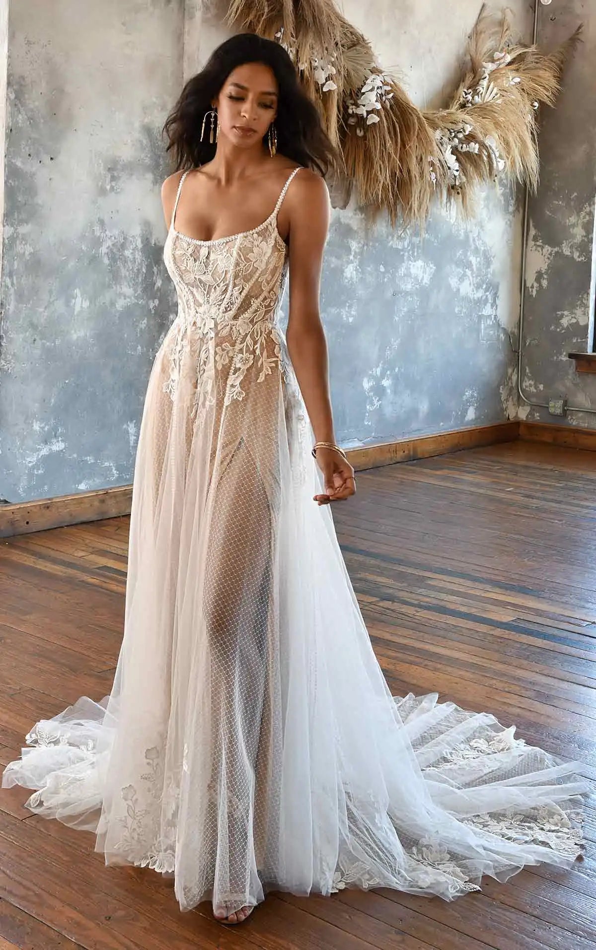 Women’s Spaghetti Straps Deep Neck Sheer Wedding Gown with Court Train