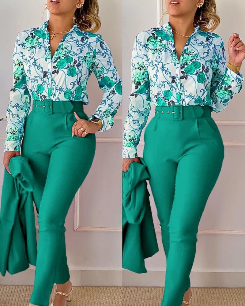 Women Shirt Pants Set Elegant Fashion V Neck Floral Print Long Sleeve High Waist Two Piece Set Office Lady Casual Trousers Suits