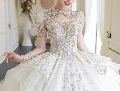 High Neck Full Sleeves Designer Wedding Dress with Sequins and Pearls