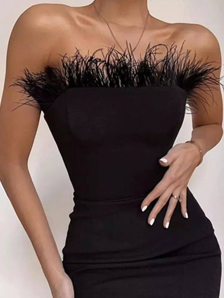 Off-Shoulder Bodycon Midi Dress with Feather Details