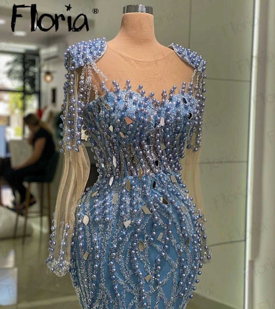 Long Sheer Sleeves Mermaid Cut Luxury Evening Dress with Beadwork