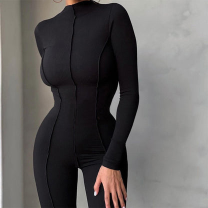 2023 Spring Bright Line Decoration Black Jumpsuit For Women One Piece Sexy Club Outfit Female Long Sleeve White Bodycon Jumpsuit