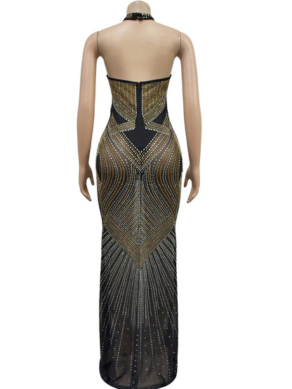 Women's Rhinestones Sheer Bodycon Long Maxi Dress