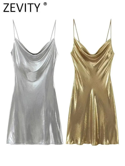 Women's Metallic Party A-Line Dress with Straps