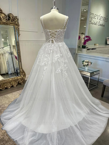 High Quality Wedding Dress For Bride Tulle Spaghetti Straps Lace Up Bride Gowns Civil Applique A-Line Sweep Train Robe De Mariée