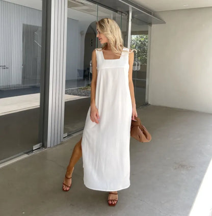 Women’s Square Neck Sleeveless Beach Wear Tank Dress with Side Slits