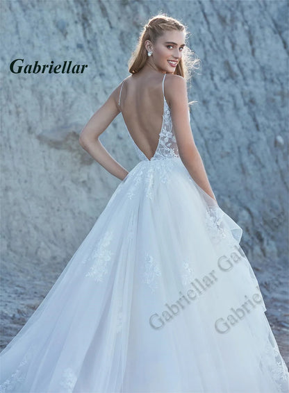 Women’s Deep V Neck Ruffle Wedding Gown with Court Train