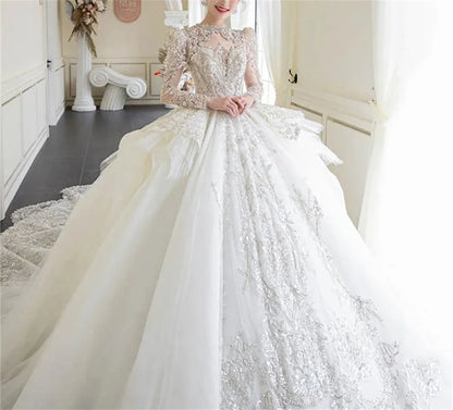 High Neck Full Sleeves Designer Wedding Dress with Sequins and Pearls