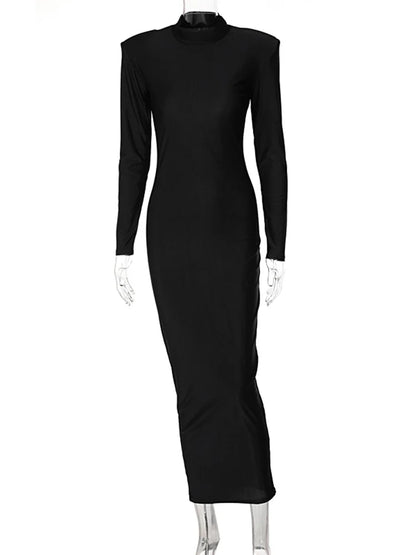Full Sleeve High Neck Solid Bodycon Dress with Shoulder Pads
