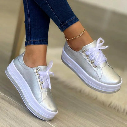 Women Shiny Pu Leather Thick Bottom Sneakers Woman Plus Size 43 Lace Up Platform Shoes Women Gold Silver Flats Zapatos De Mujer