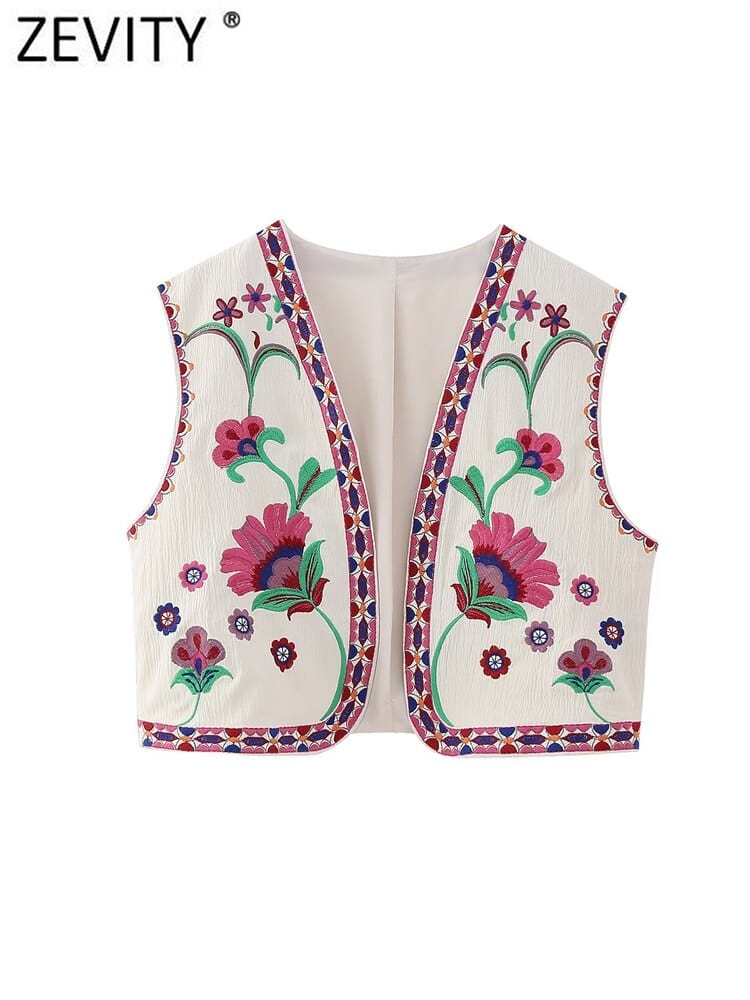 Zevity Women National Sleeveless Position Floral Embroidery Short Vest Jacket Ladies National Style Casual WaistCoat Tops CT4110