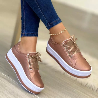 Women Shiny Pu Leather Thick Bottom Sneakers Woman Plus Size 43 Lace Up Platform Shoes Women Gold Silver Flats Zapatos De Mujer