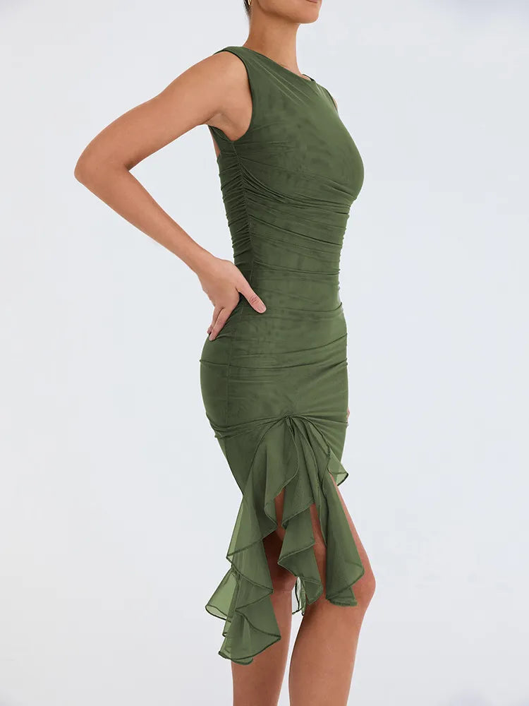 Sleeveless Ruched Bodycon Midi Dress with Irregular Ruffle Hem