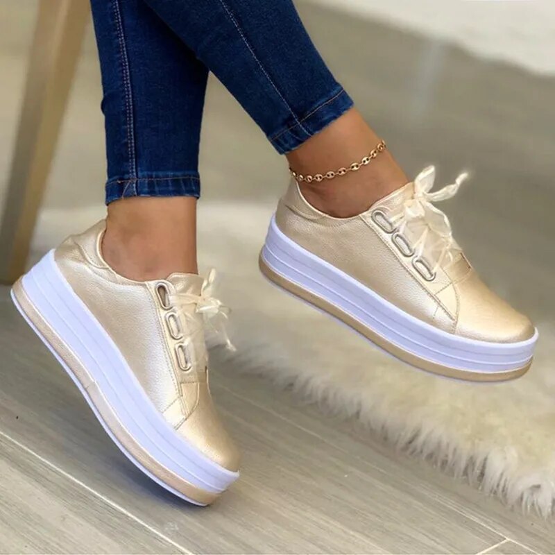 Women Shiny Pu Leather Thick Bottom Sneakers Woman Plus Size 43 Lace Up Platform Shoes Women Gold Silver Flats Zapatos De Mujer