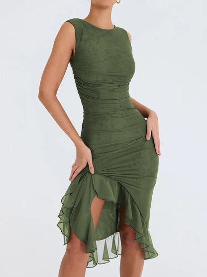 Sleeveless Ruched Bodycon Midi Dress with Irregular Ruffle Hem