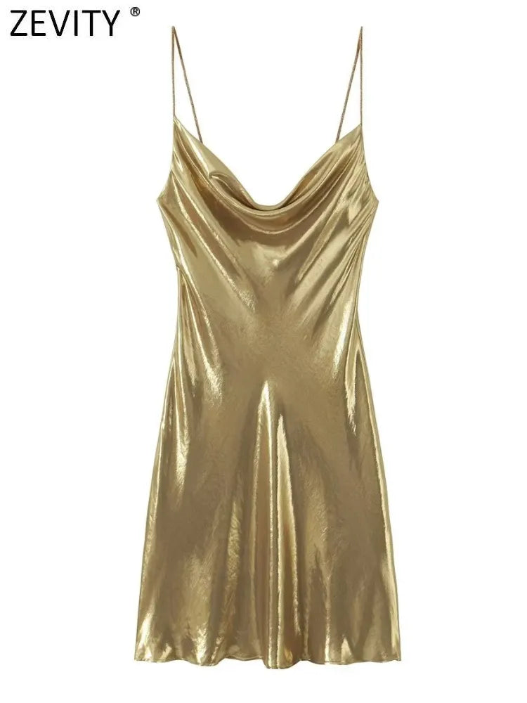 Women's Metallic Party A-Line Dress with Straps