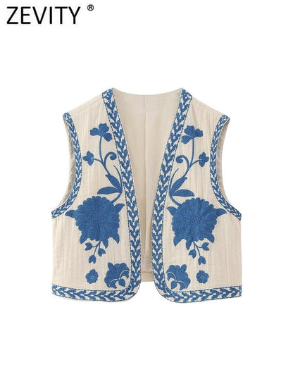 Zevity Women National Sleeveless Position Floral Embroidery Short Vest Jacket Ladies National Style Casual WaistCoat Tops CT4110